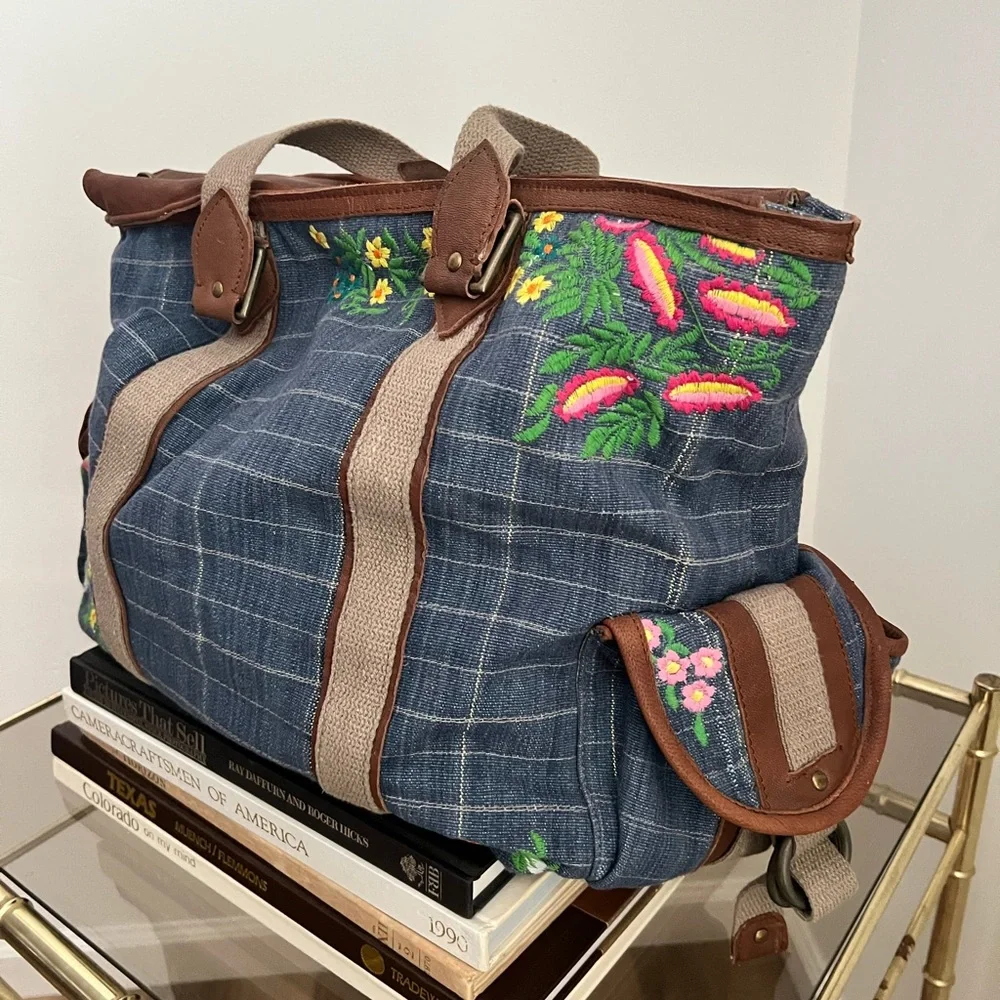 Free People Embroidered Blue Checkered Denim Women's Bag Spring Summer Festival - Picture 6 of 13